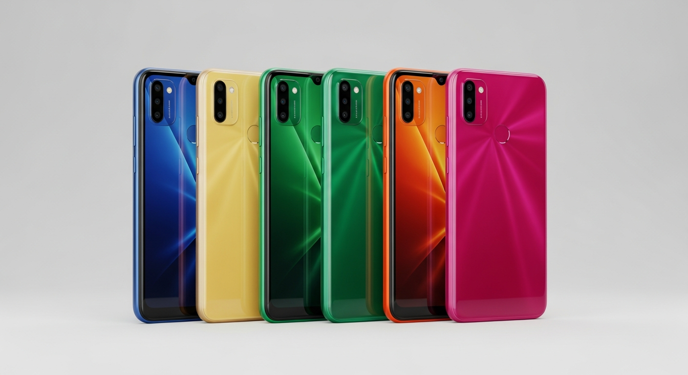 row of colorful budget smartphones