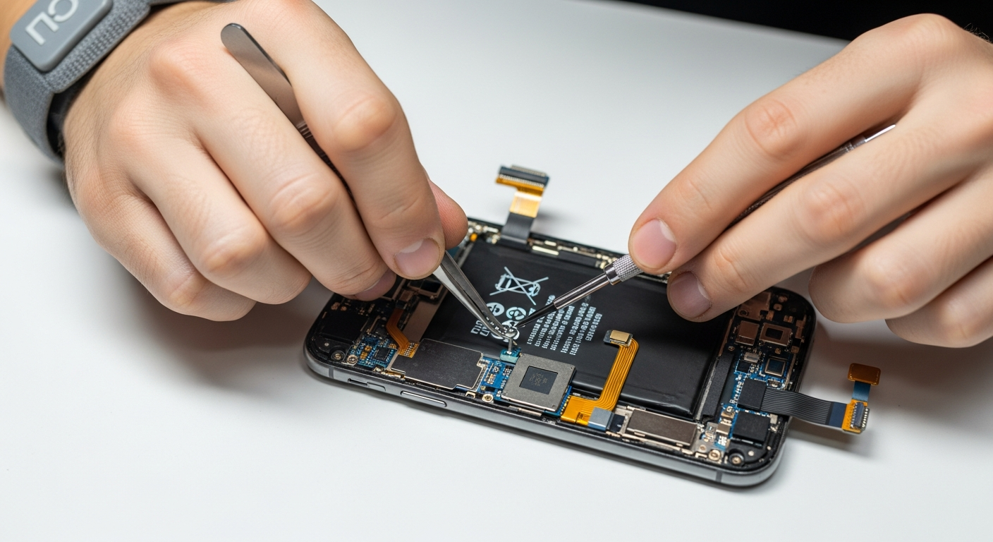 hands repairing a disassembled smartphone