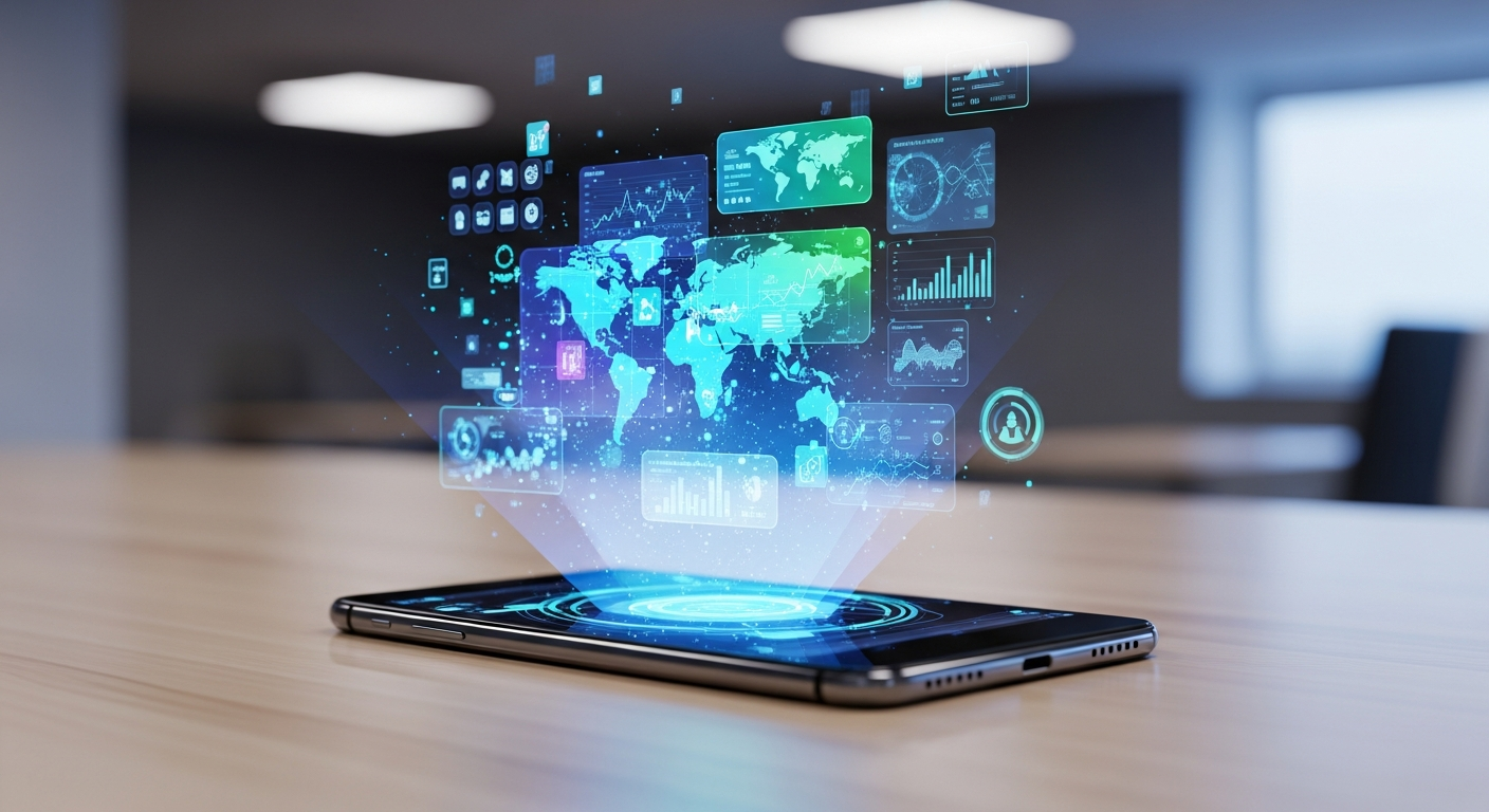 futuristic smartphone holographic display on desk