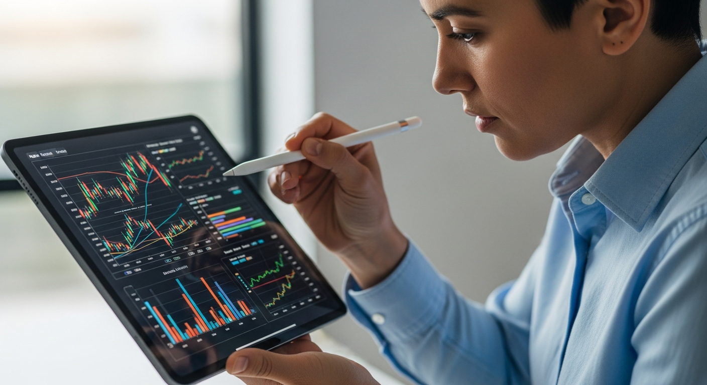 person carefully reviewing charts on a tablet screen