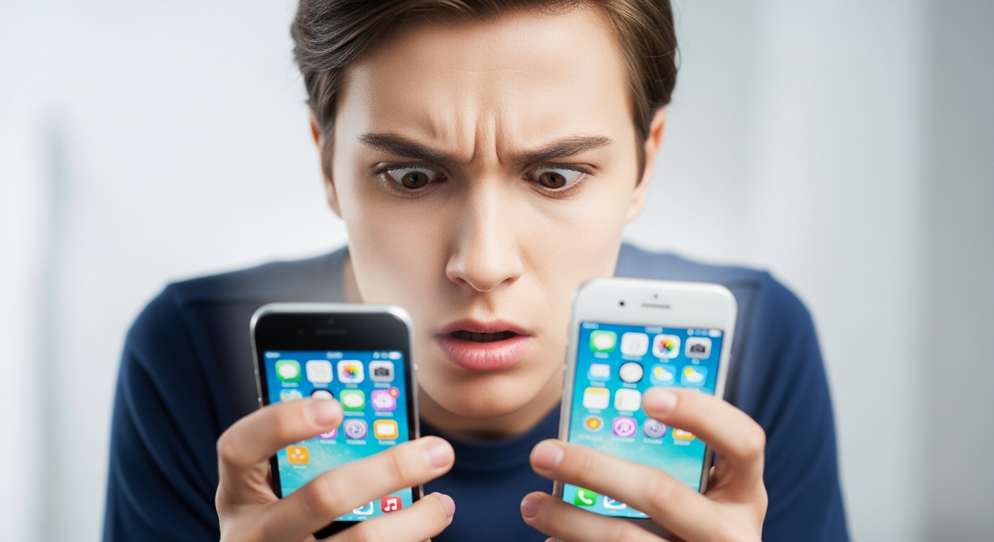 frustrated person looking at two smartphone screens