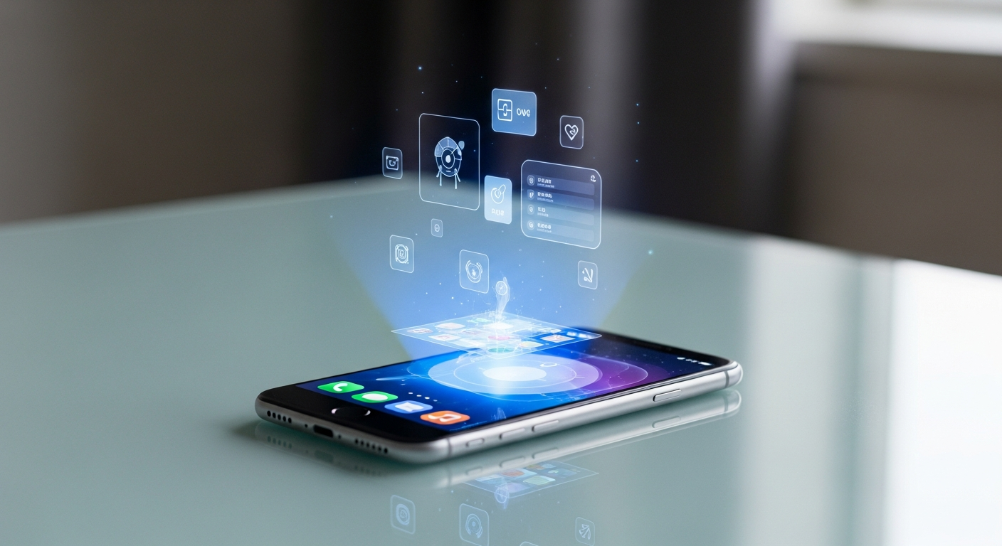 futuristic holographic smartphone display on a glass table