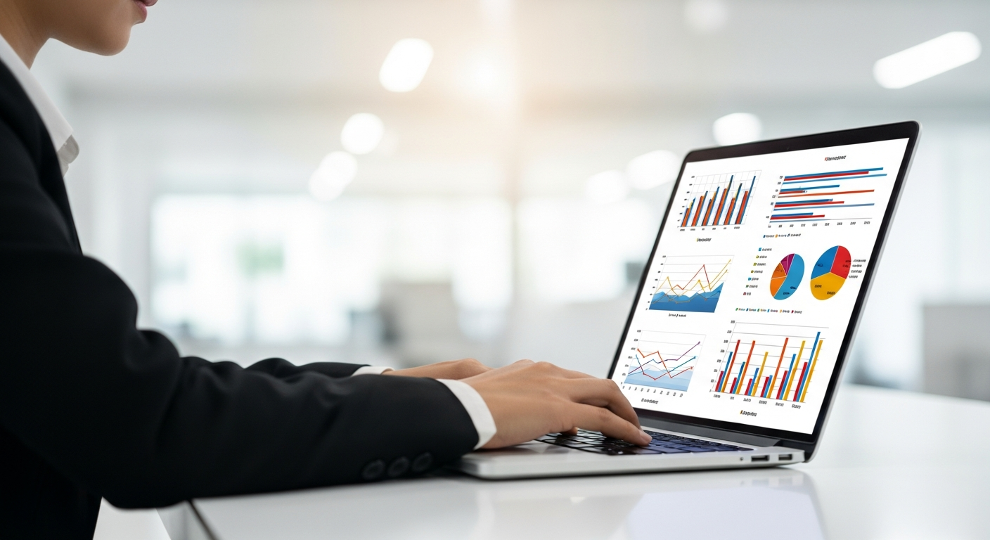 person typing on laptop analyzing data charts on screen