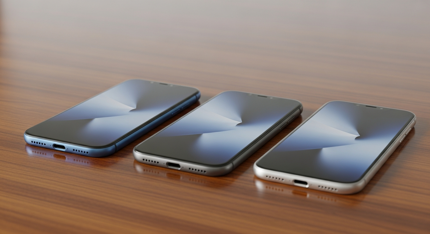 three modern smartphones lined up side by side on a wooden desk