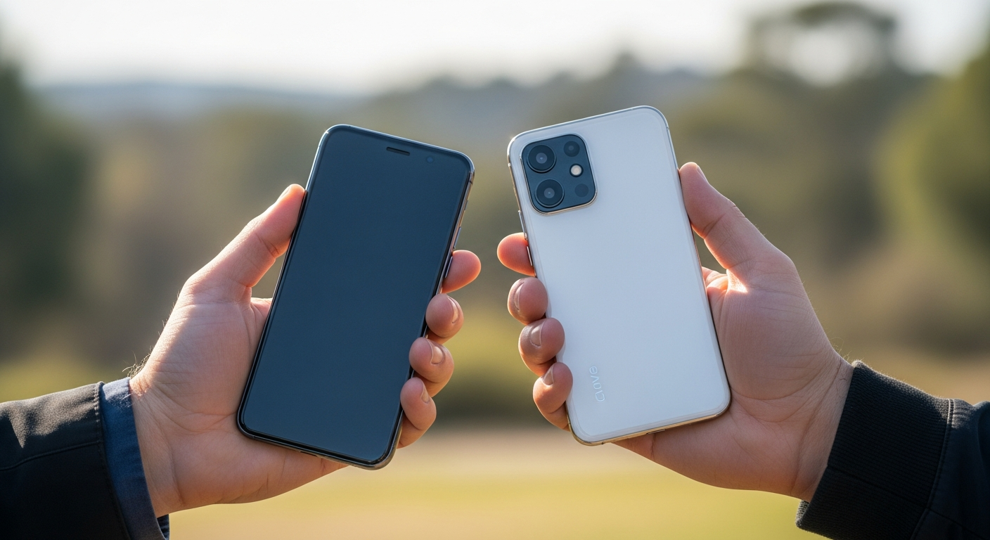 hands holding two different smartphones next to each other outdoors