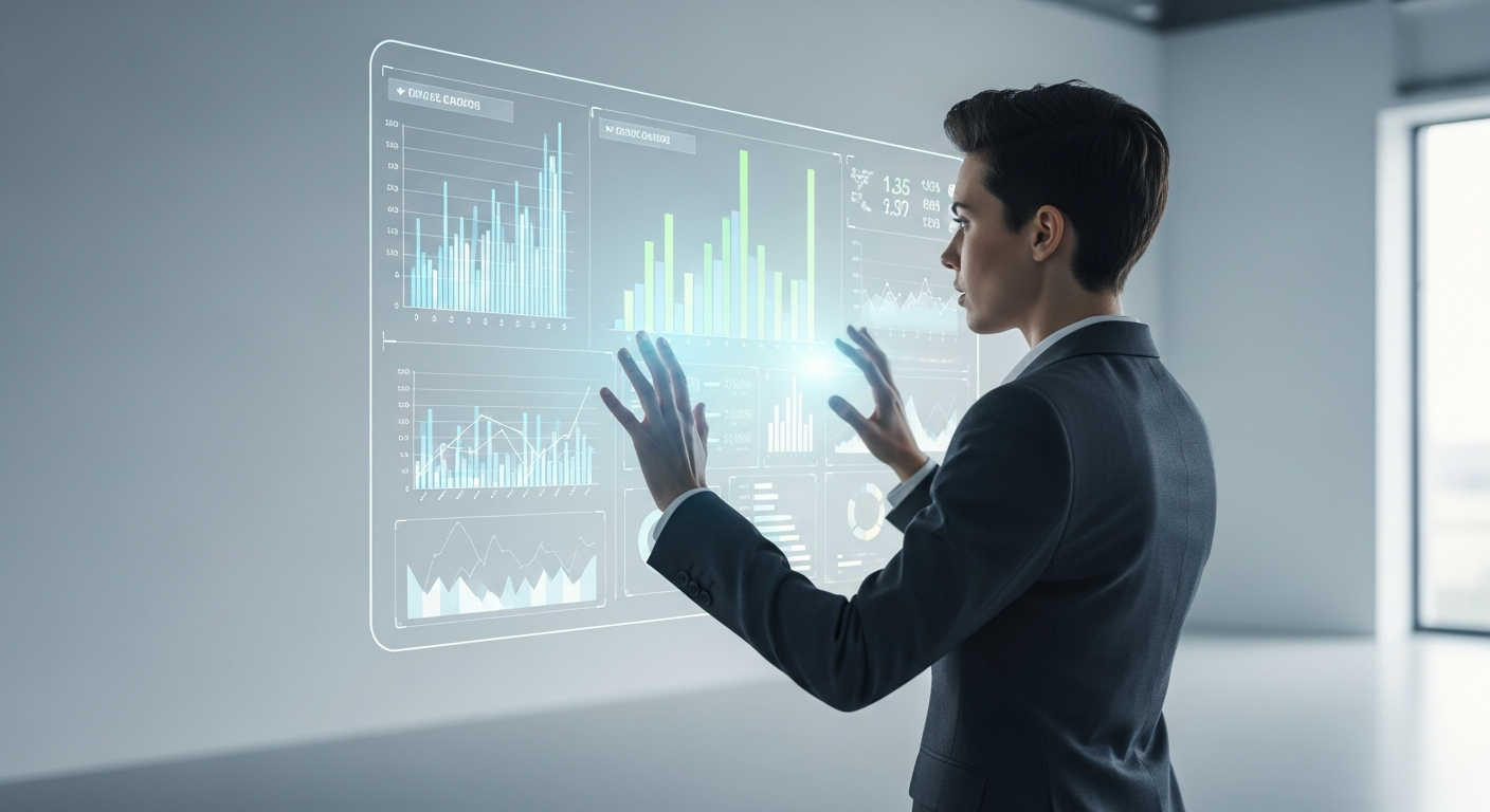 person analyzing digital bar graphs on a transparent screen