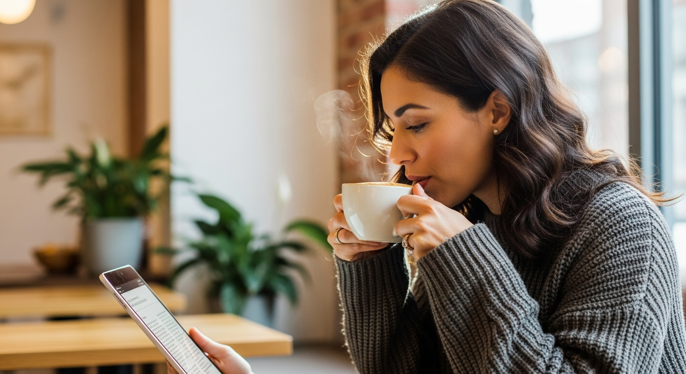 woman drinking coffee while reading a digital tablet in a cafe