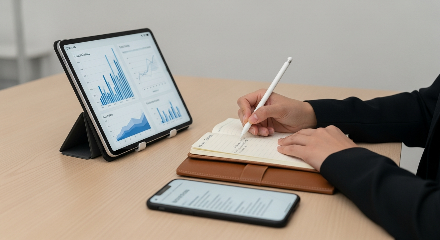 person taking notes from a tablet and smartphone