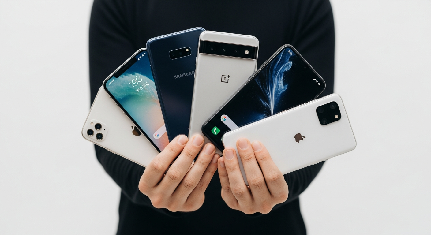 person holding multiple modern smartphones