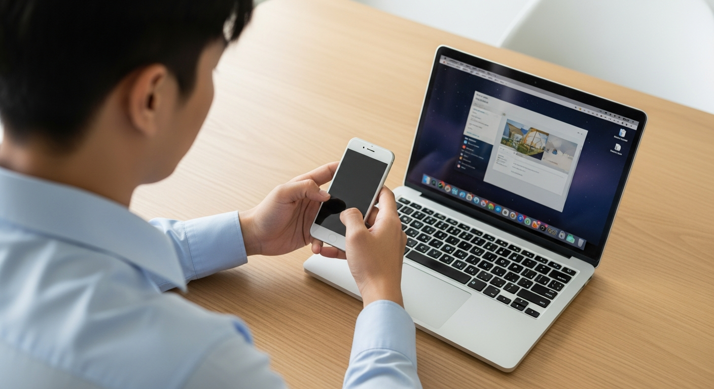 someone using smartphone at a desk with laptop