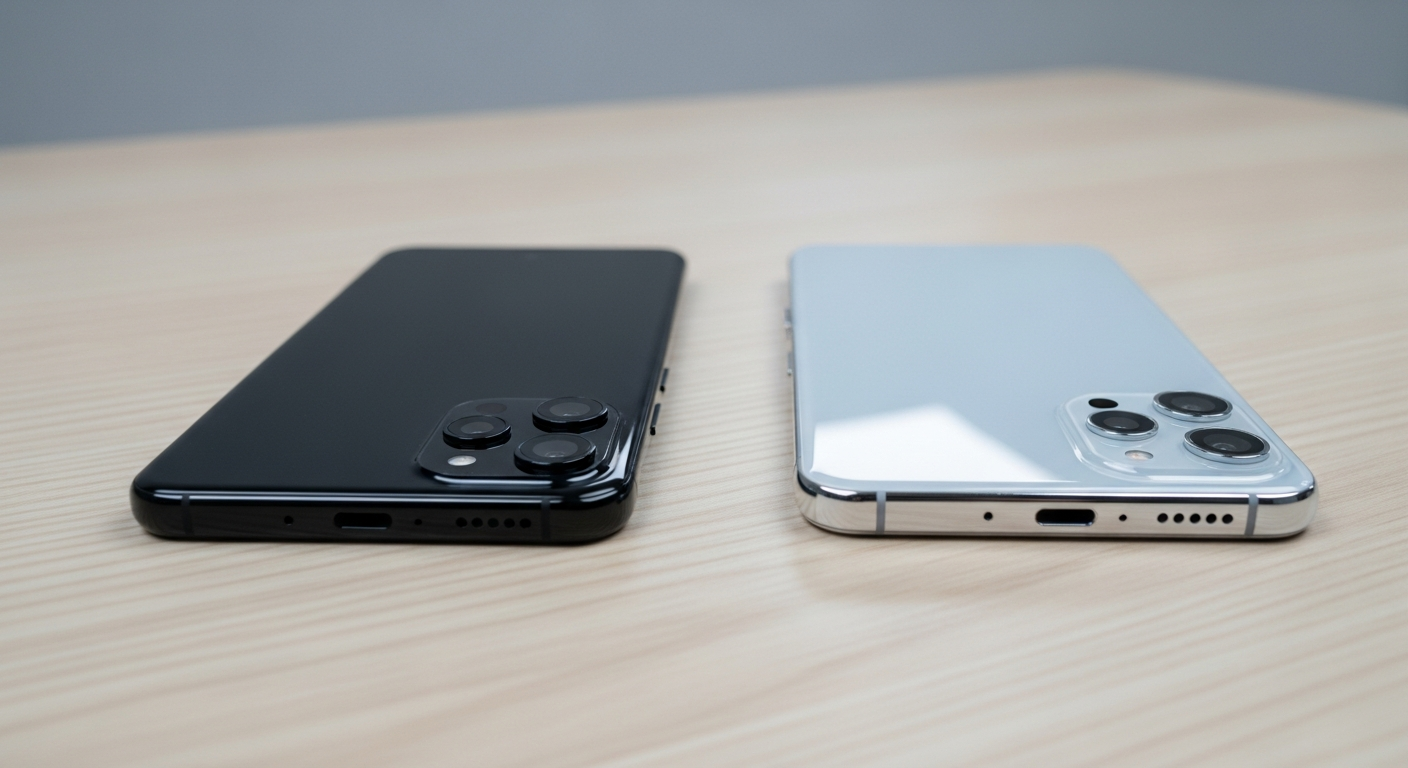 two modern flagship smartphones side by side on a minimalist wooden desk