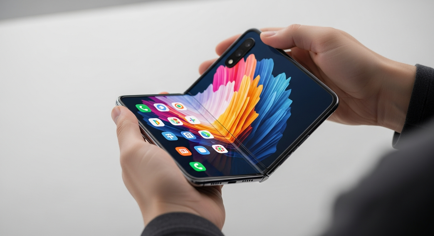 person unfolding a sleek folding smartphone with vibrant screen