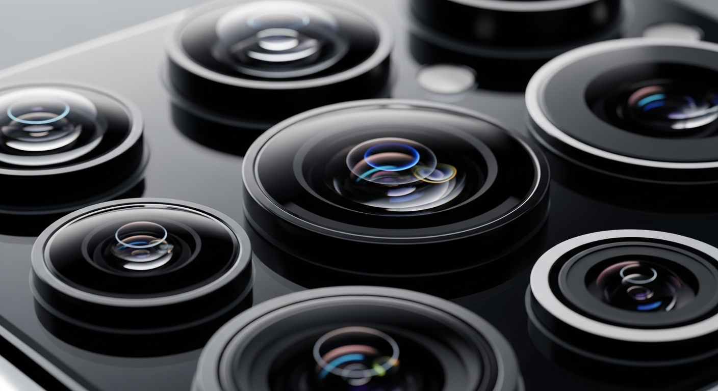 close up macro of multiple smartphone camera lenses reflecting light