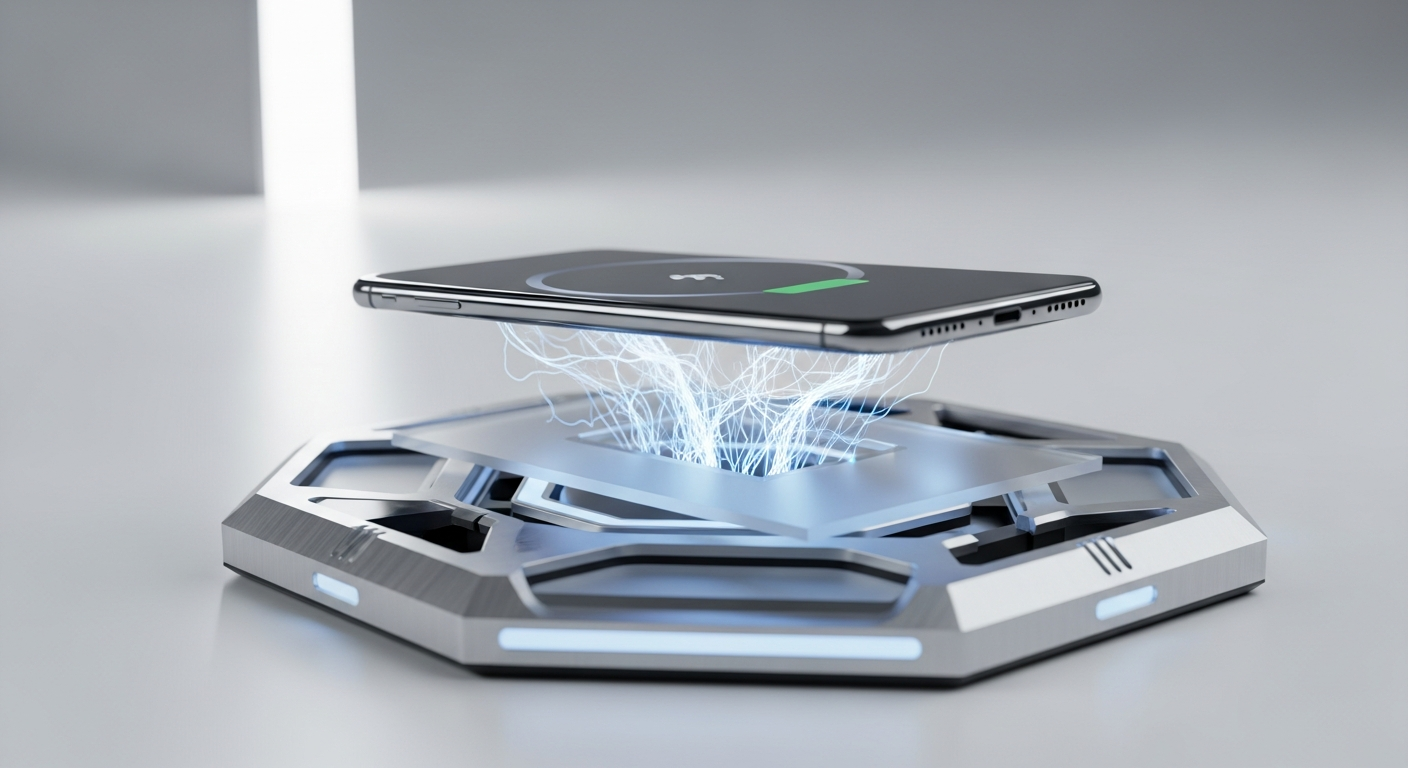 smartphone connected to futuristic high speed wireless charging pad
