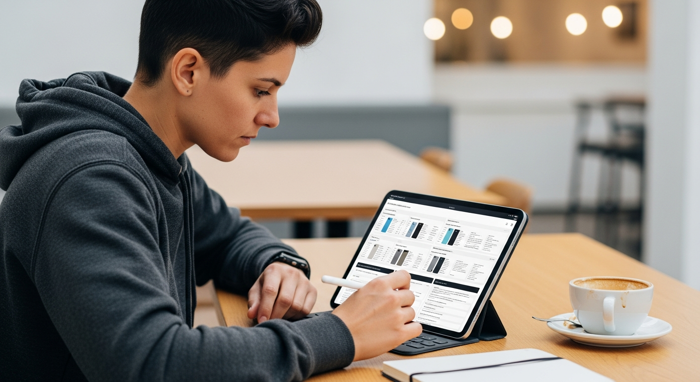 person sitting at cafe analyzing smartphone spec charts on a tablet