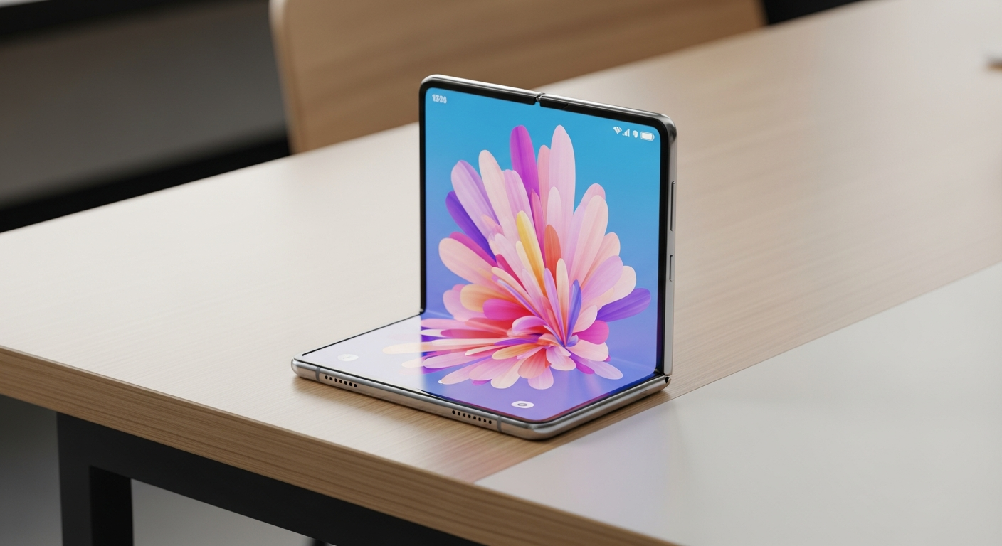 foldable smartphone half open standing on a modern wooden desk