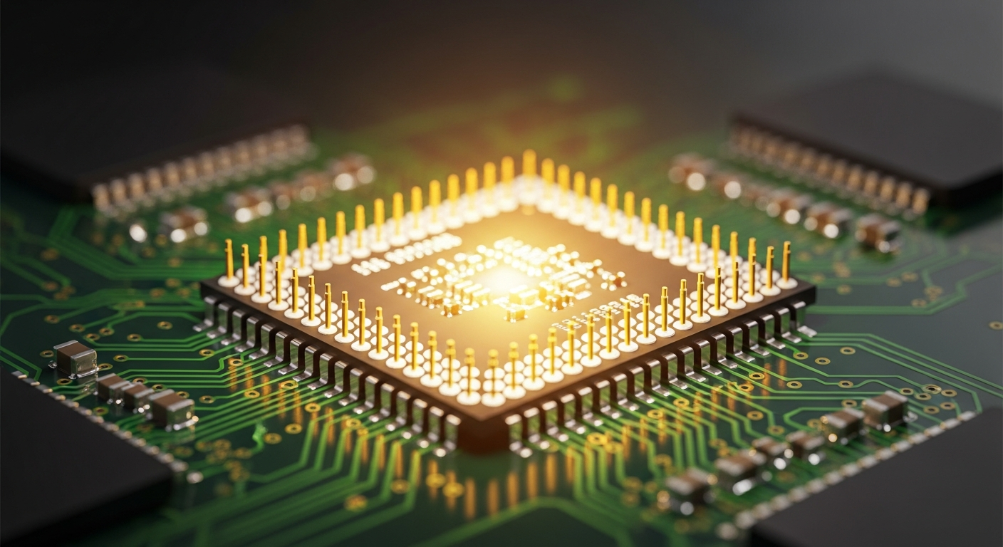 glowing macro shot of a microchip processor on a green circuit board