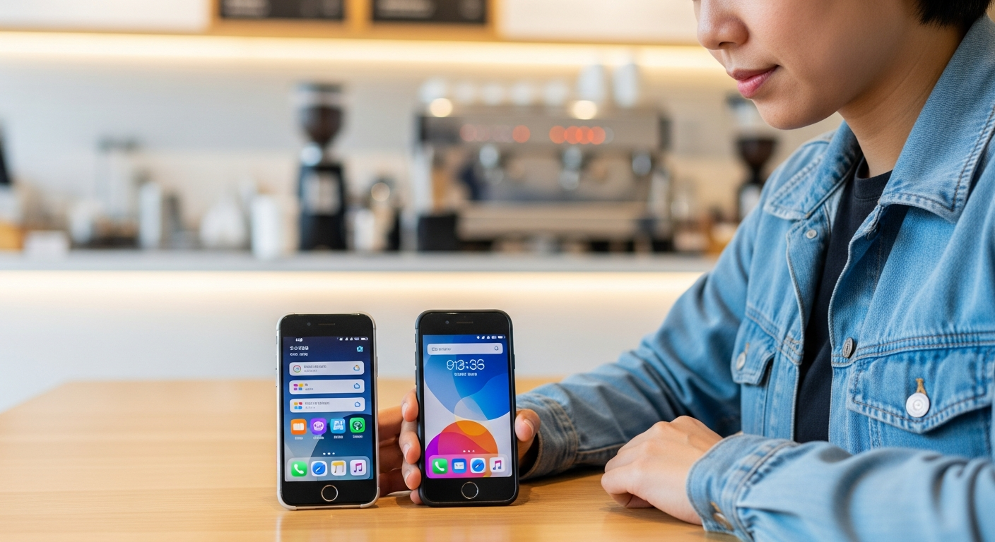 person looking at two modern smartphones in a cafe