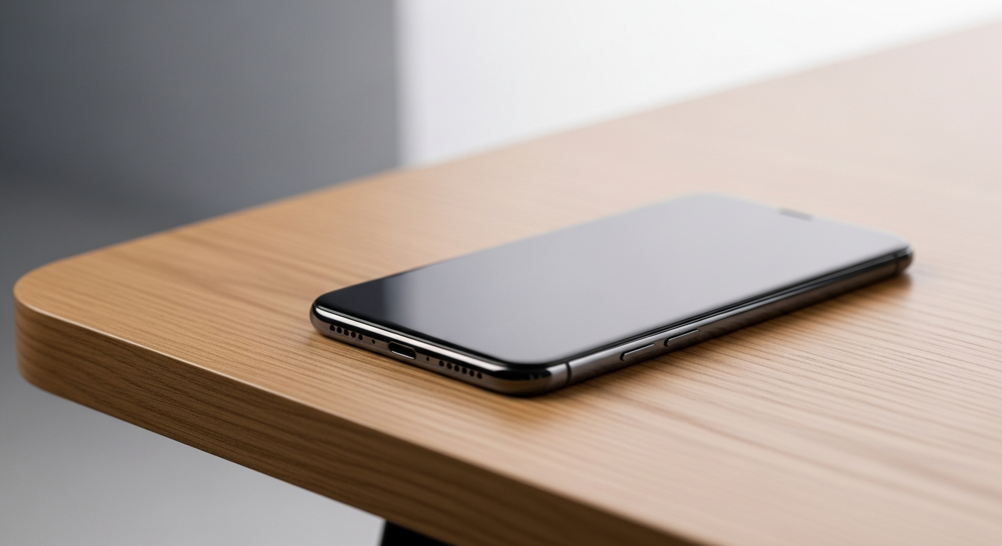 premium sleek smartphone resting on a modern wooden desk