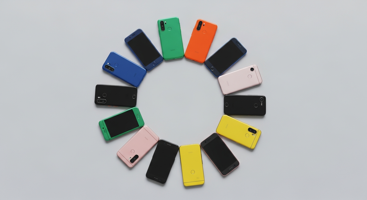 colorful modern smartphones arranged neatly in a circle