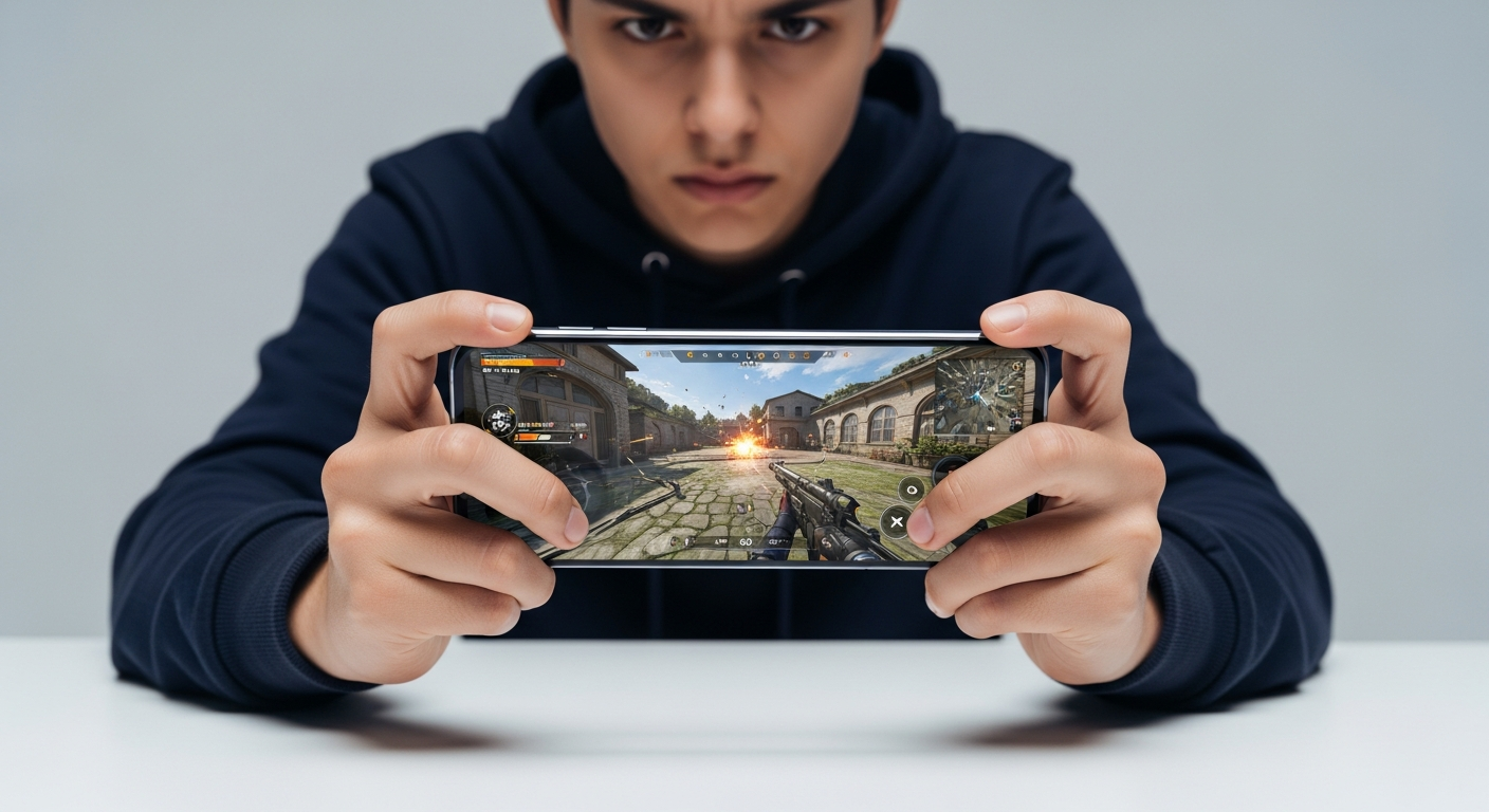 person playing high graphics game intensely on mobile device