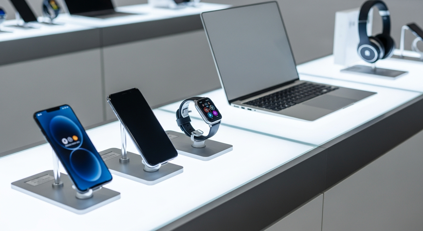 bright modern electronic store display counter with devices