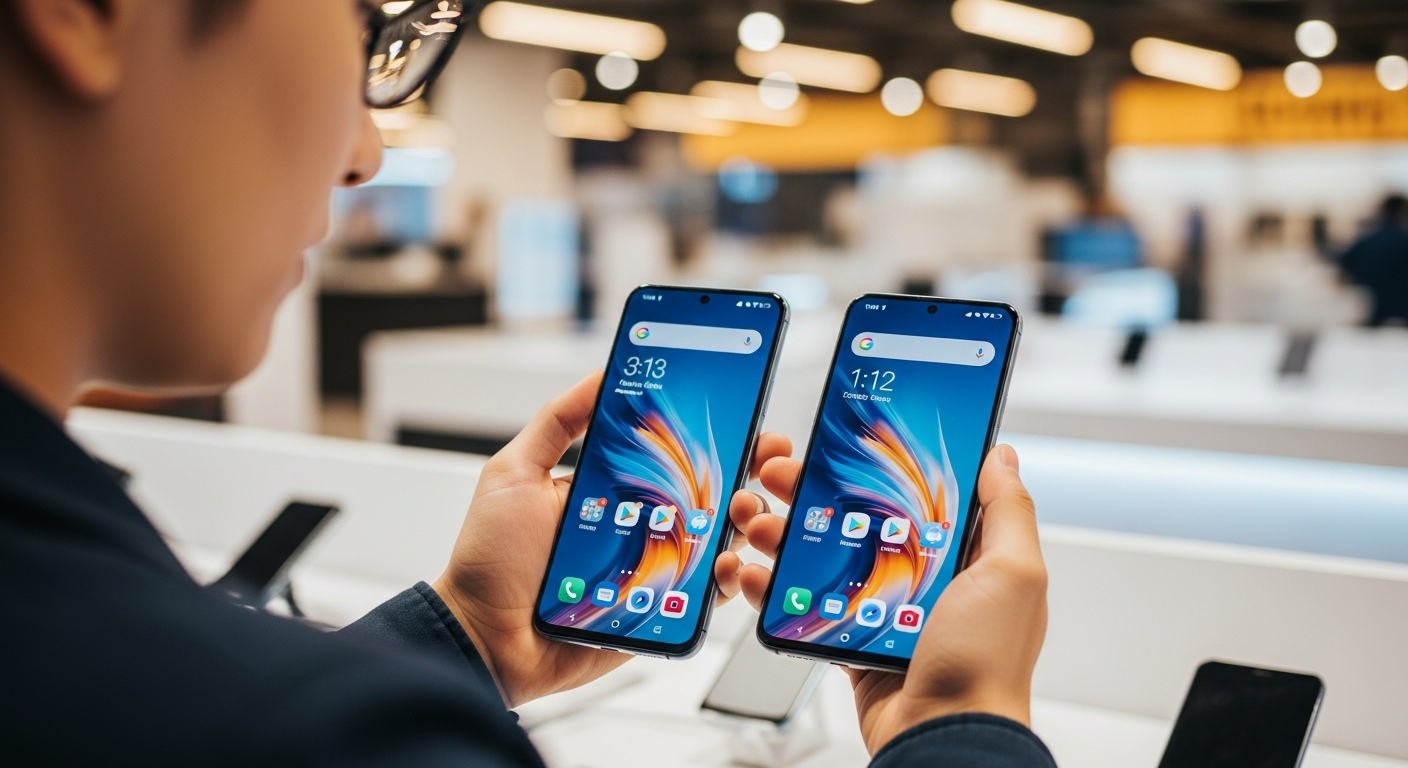 person comparing two modern smartphones at a brightly lit electronics store