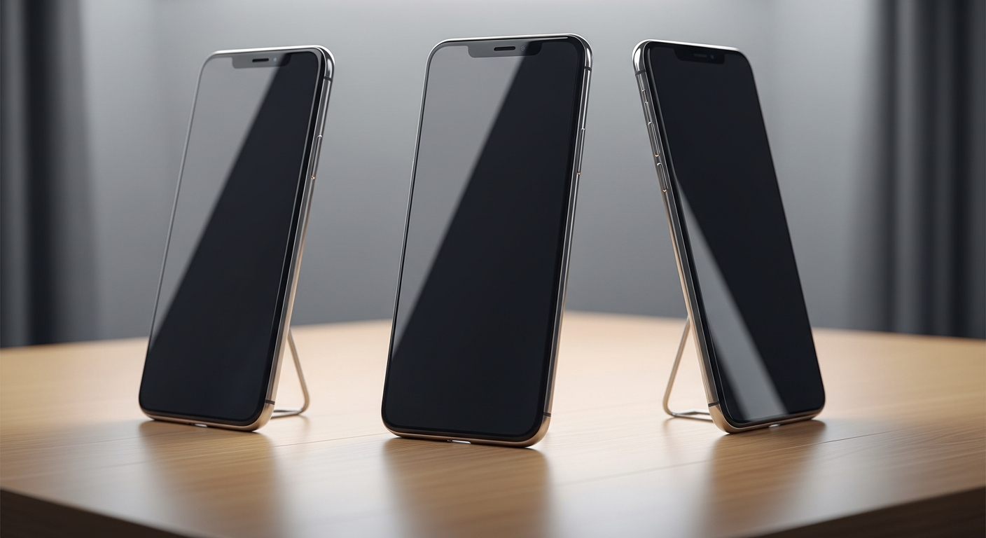three premium sleek smartphones standing upright on a minimalist wooden desk