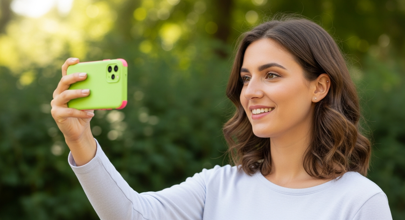 young woman taking a portrait photo with a brightly colored mid-range smartphone outdoors