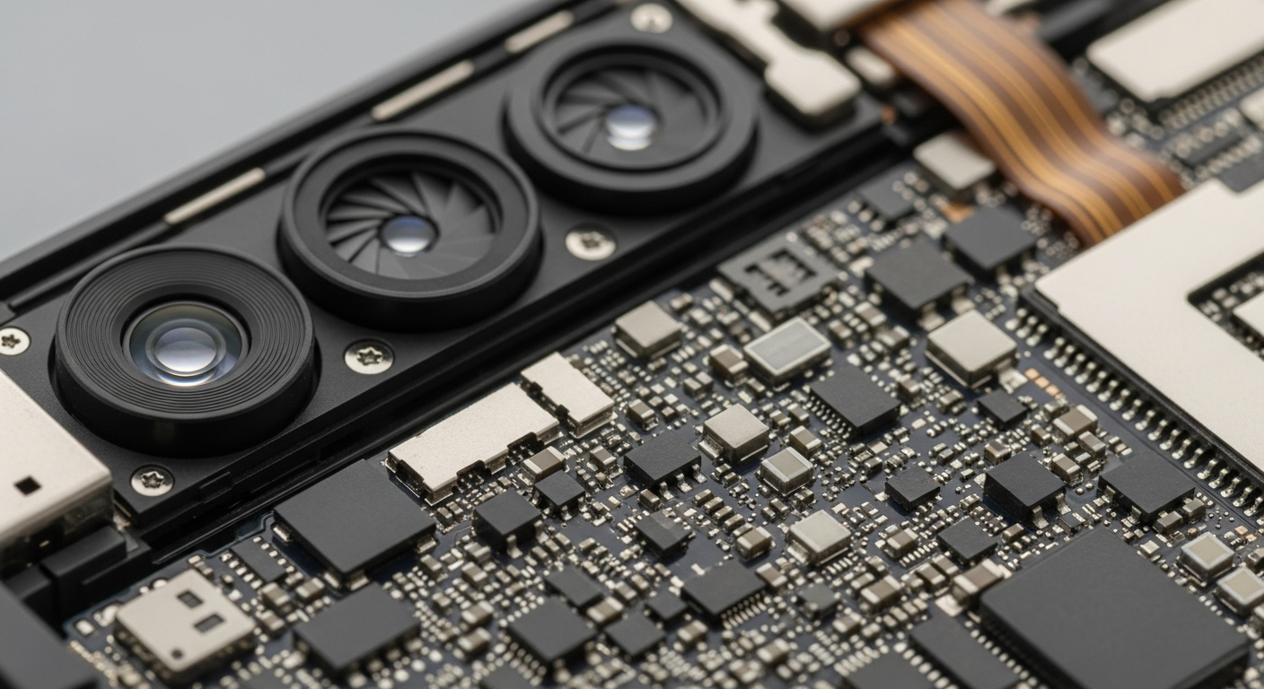 extreme macro shot showing intricate circuits and camera lens of a modern smartphone