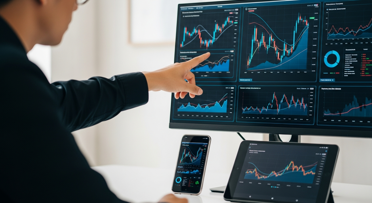 person pointing at a computer monitor displaying graphs and modern mobile devices