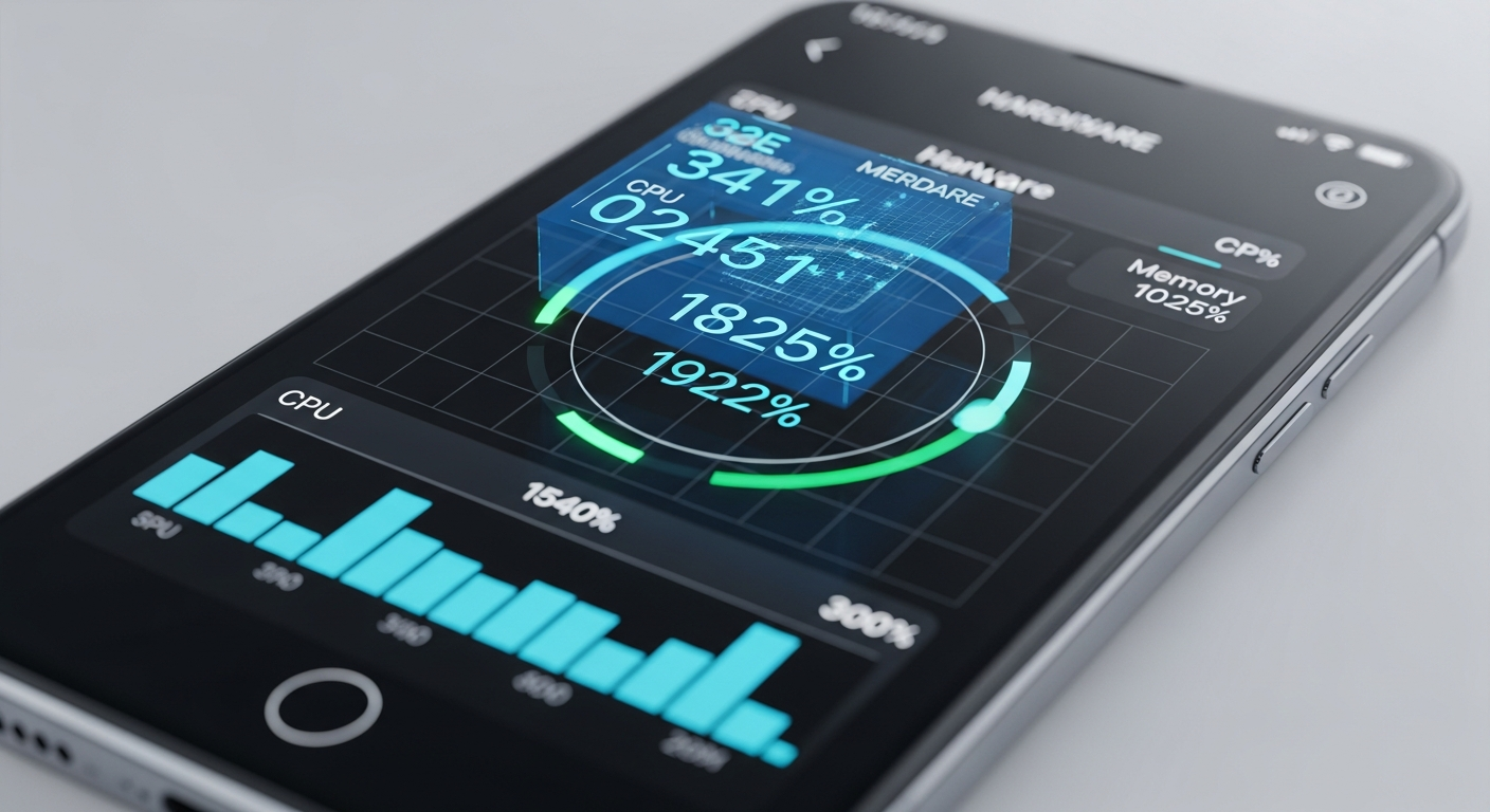 close up of an illuminated futuristic smartphone screen showing hardware data