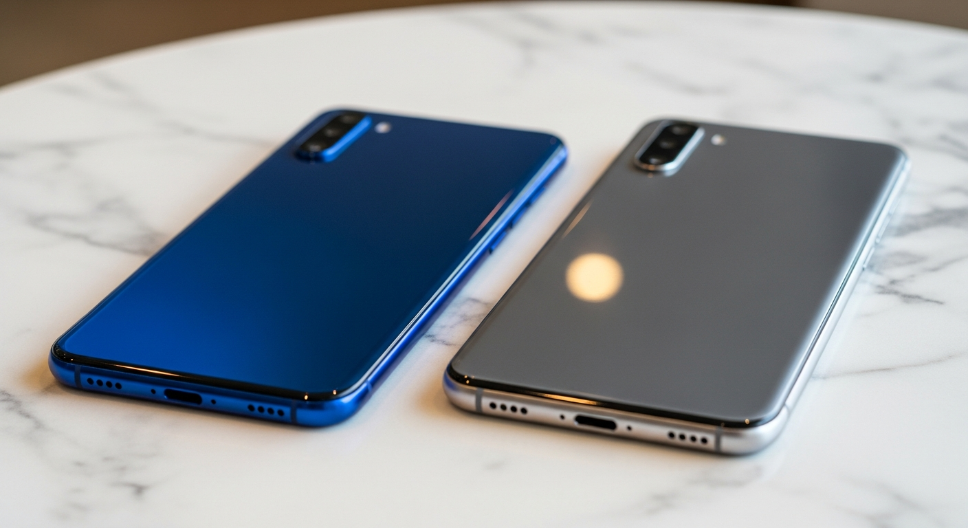 two sleek premium smartphones resting side by side on a marble table