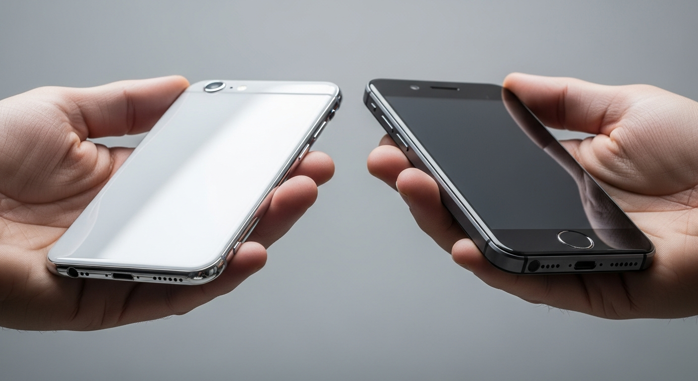 a person holding an elegant silver smartphone in one hand and a dark gray smartphone in the other