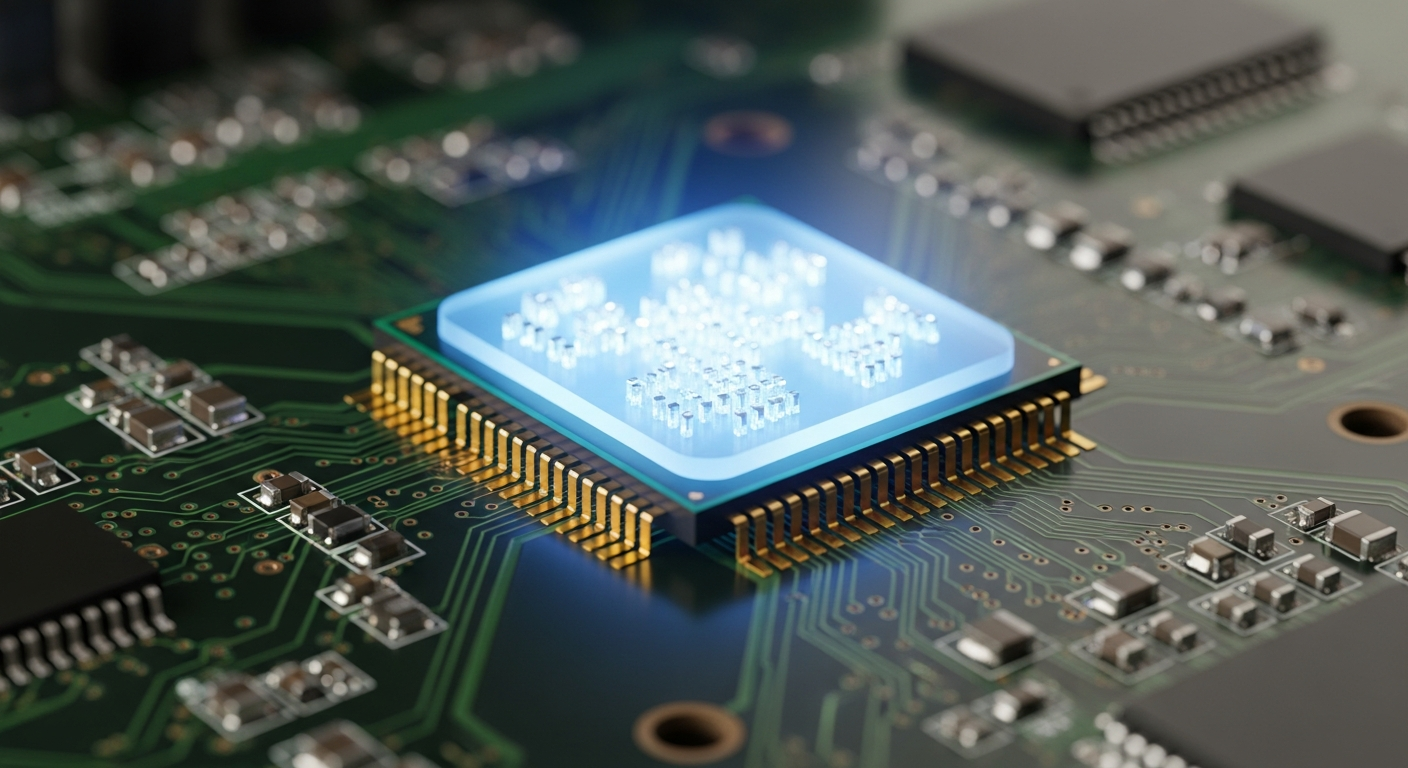 macro shot of a glowing computer chip on a motherboard