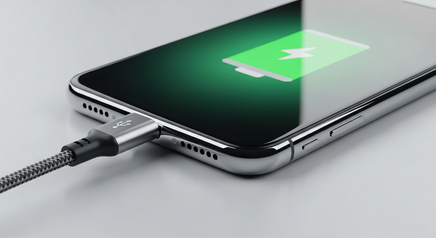 close up of a modern smartphone plugged into a thick charging cable displaying a green battery icon