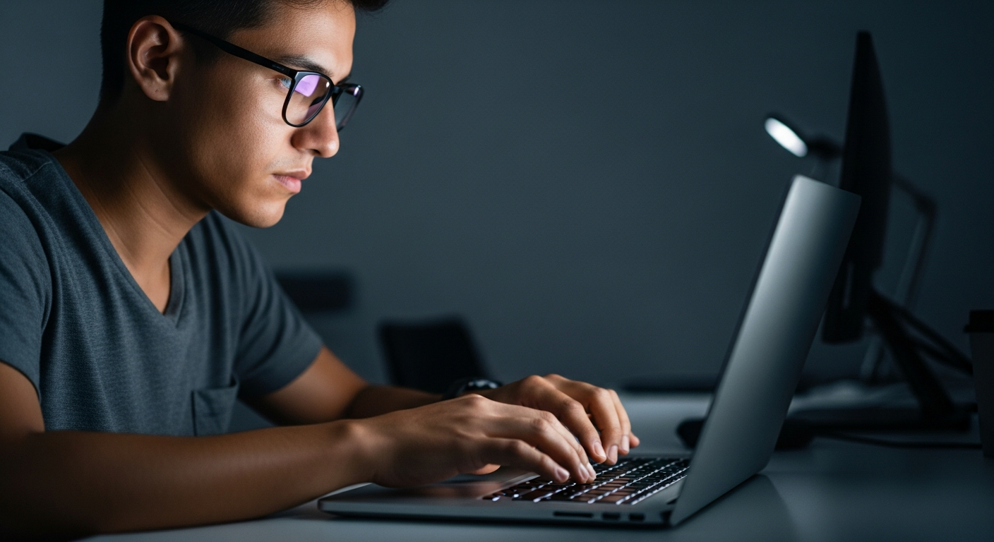 software developer typing on modern laptop in dark room