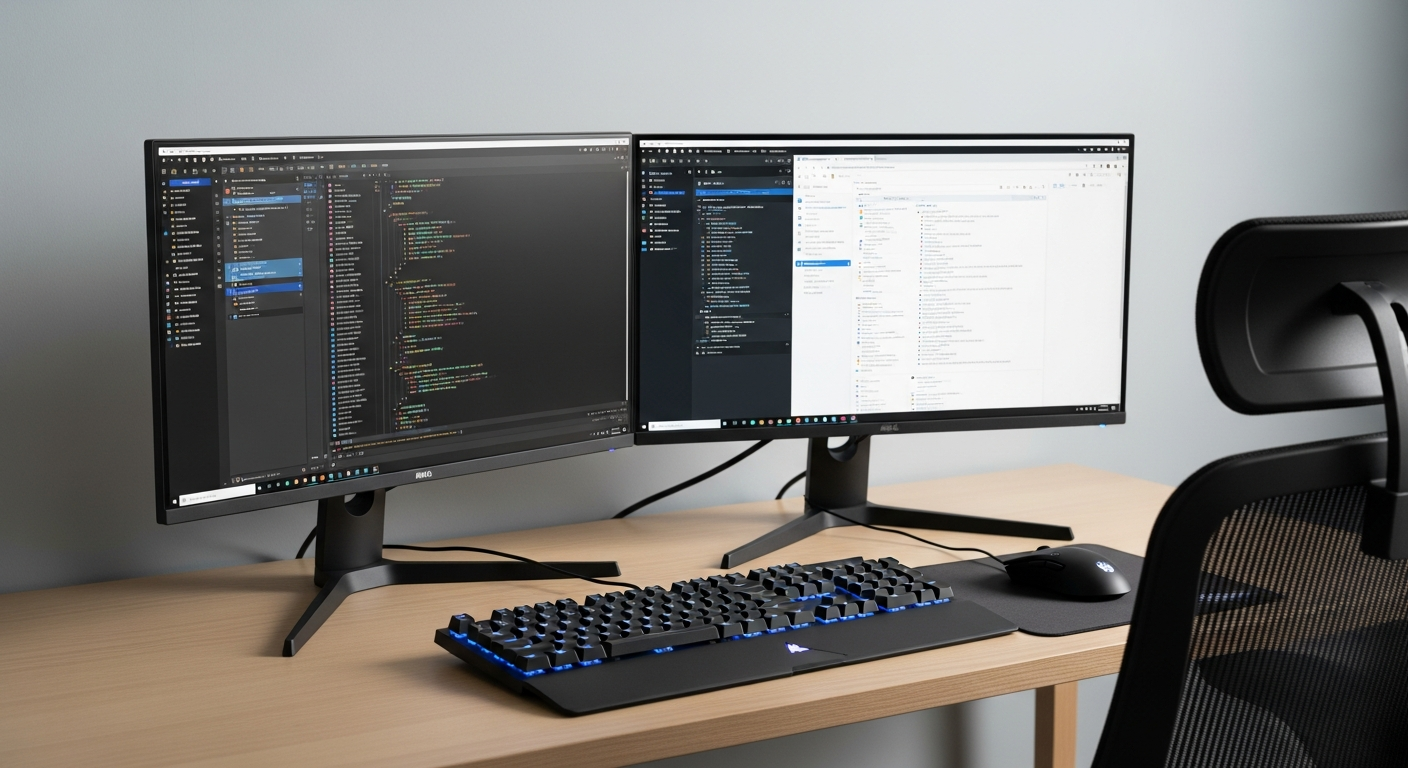 dual monitor programming setup with mechanical keyboard