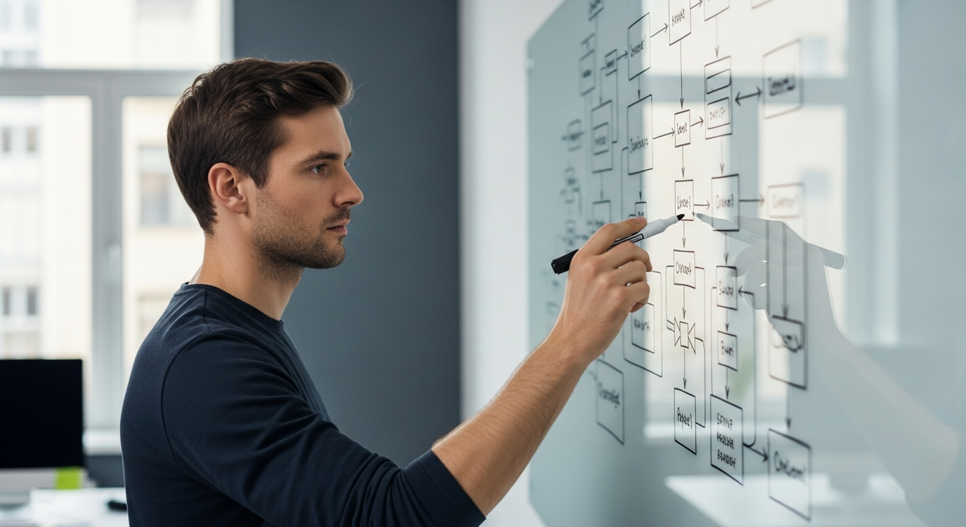 programmer analyzing flowchart on glass whiteboard
