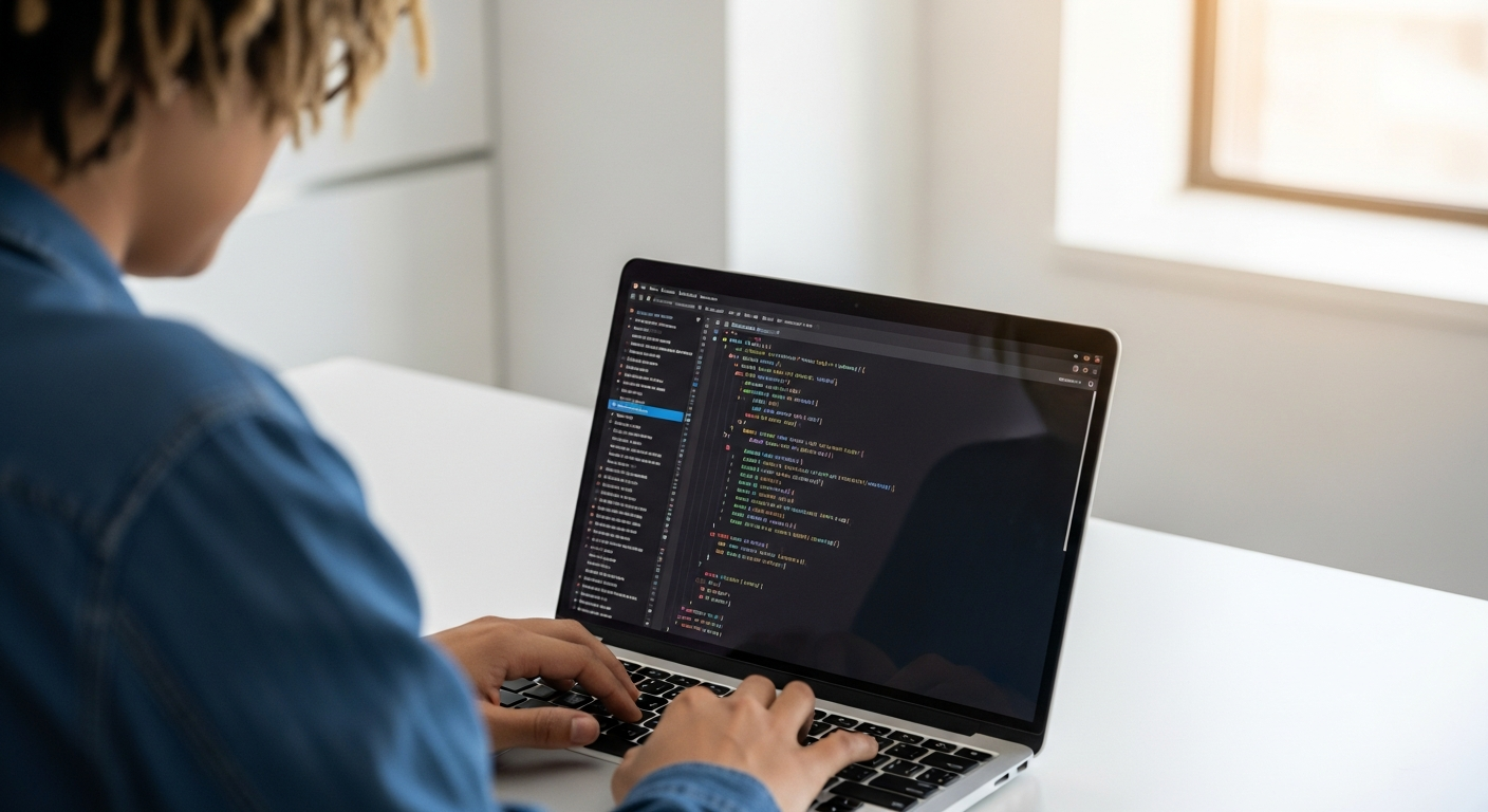 person typing on laptop displaying computer code in modern office