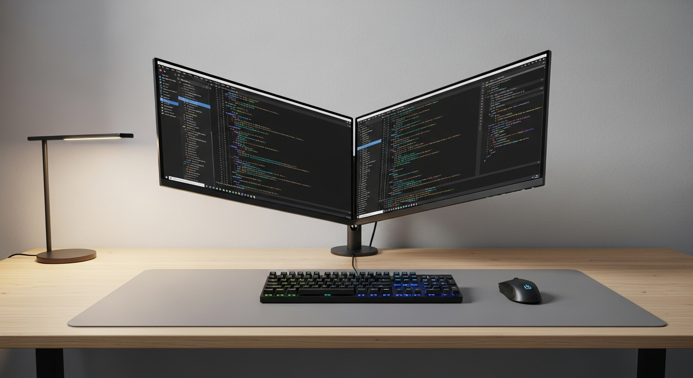 clean minimal desk setup with dual coding monitors and mechanical keyboard
