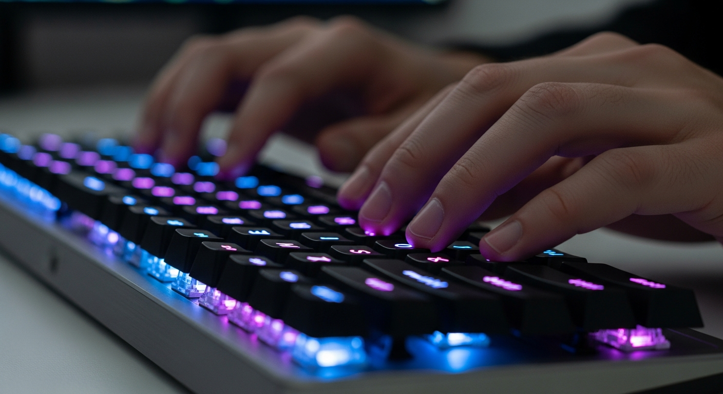 close up of fingers typing code on a glowing mechanical keyboard