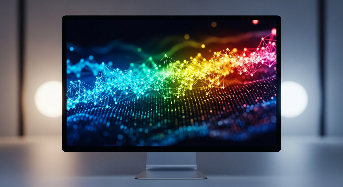 glowing computer monitor displaying colorful abstract data visualization