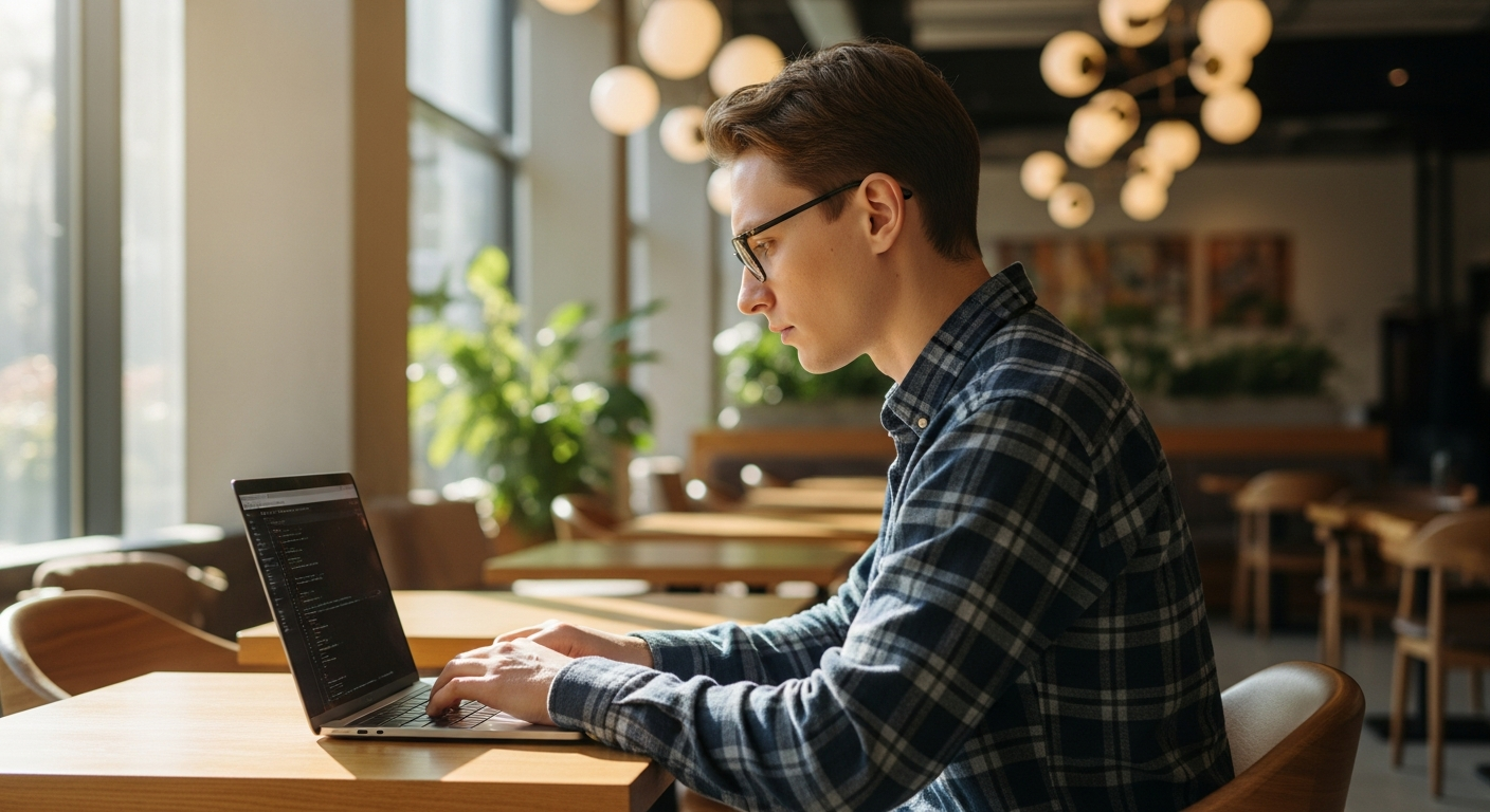 person studying coding deeply on laptop in modern cafe