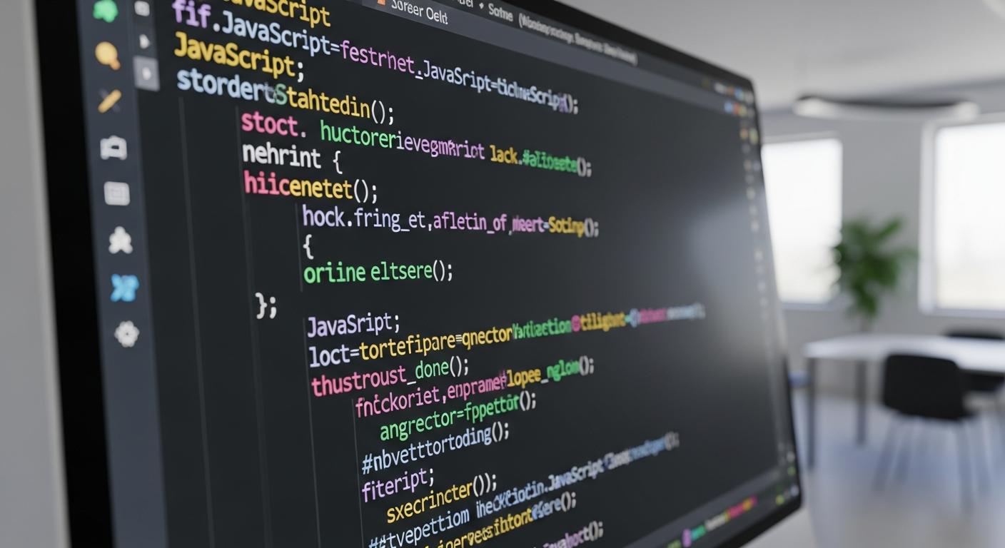 close up of computer screen displaying colorful javascript code syntax