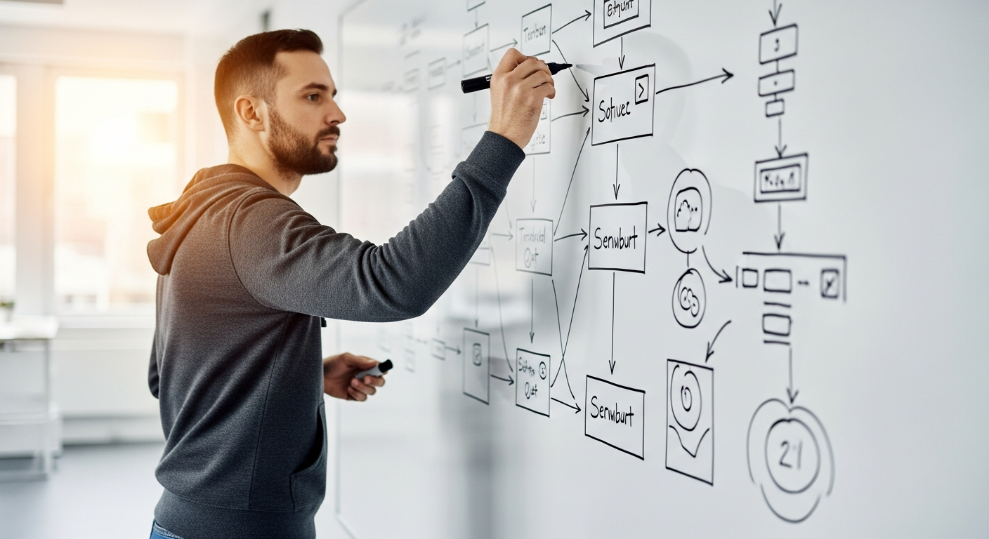 programmer writing on a whiteboard mapping out software architecture