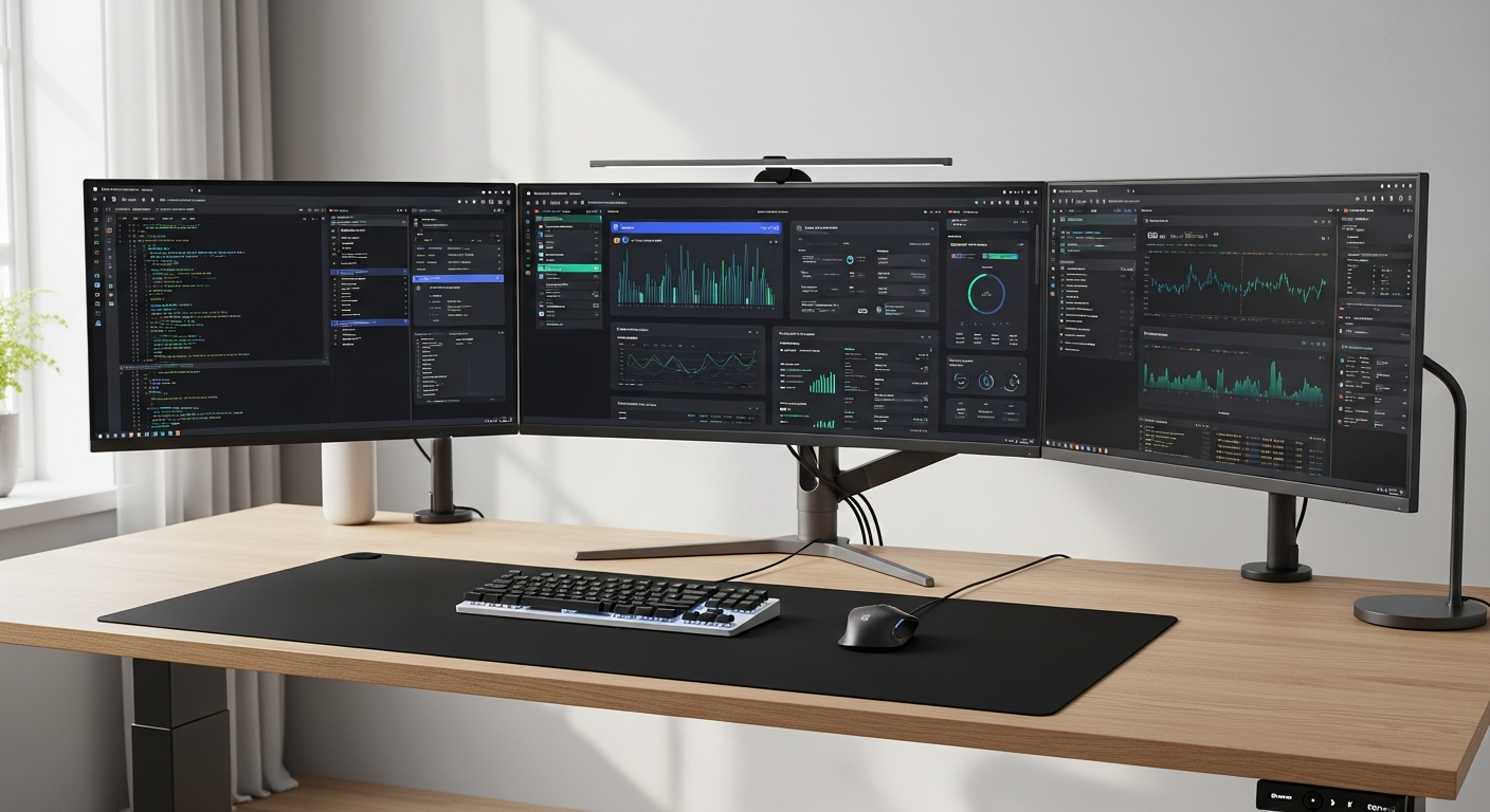modern multi monitor desk setup displaying web application UI