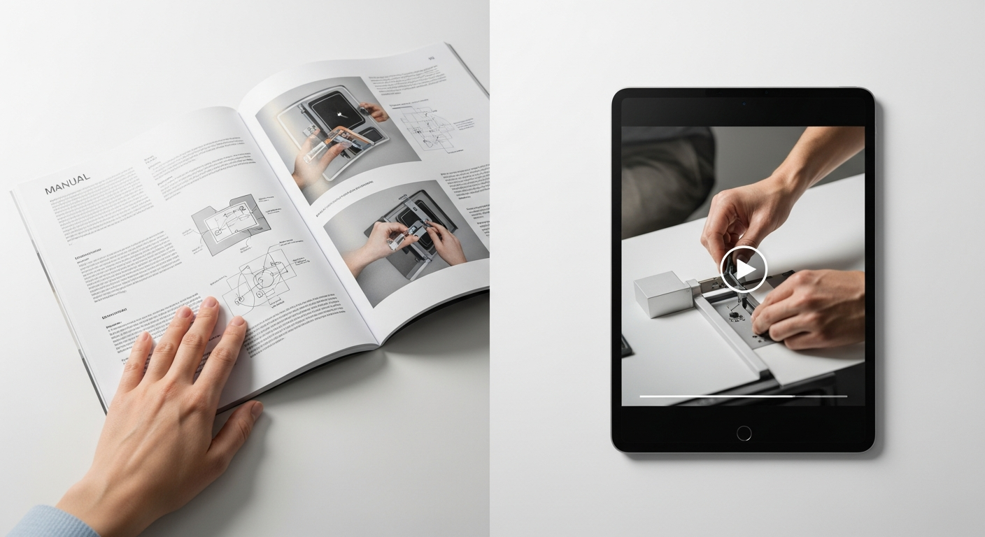 split screen showing a printed manual next to a video tutorial on tablet