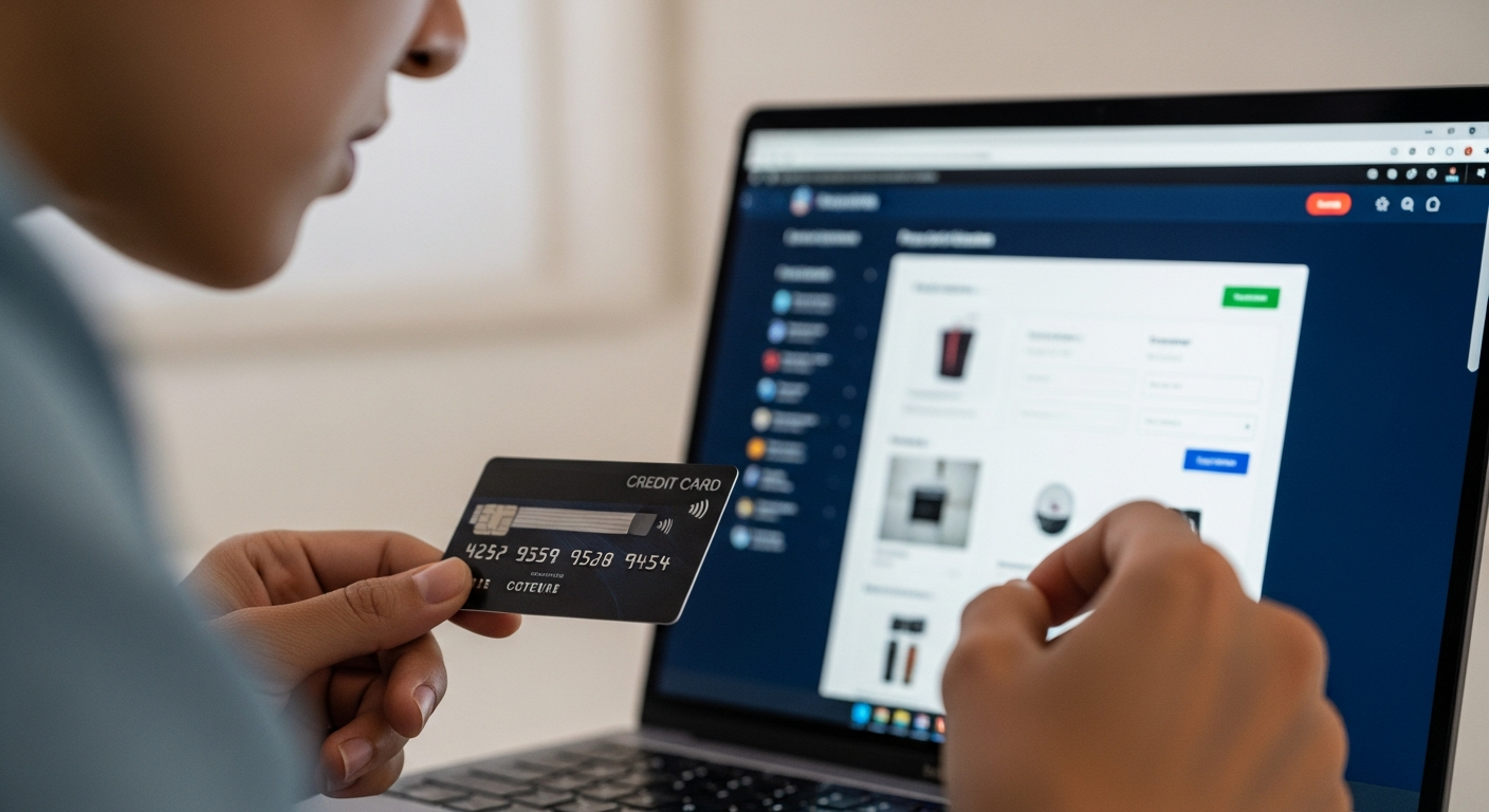 person holding a credit card looking at a laptop screen