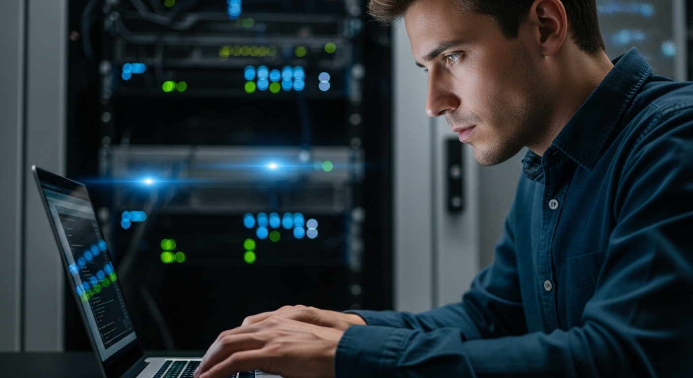 developer typing on laptop reviewing code deployment on a server